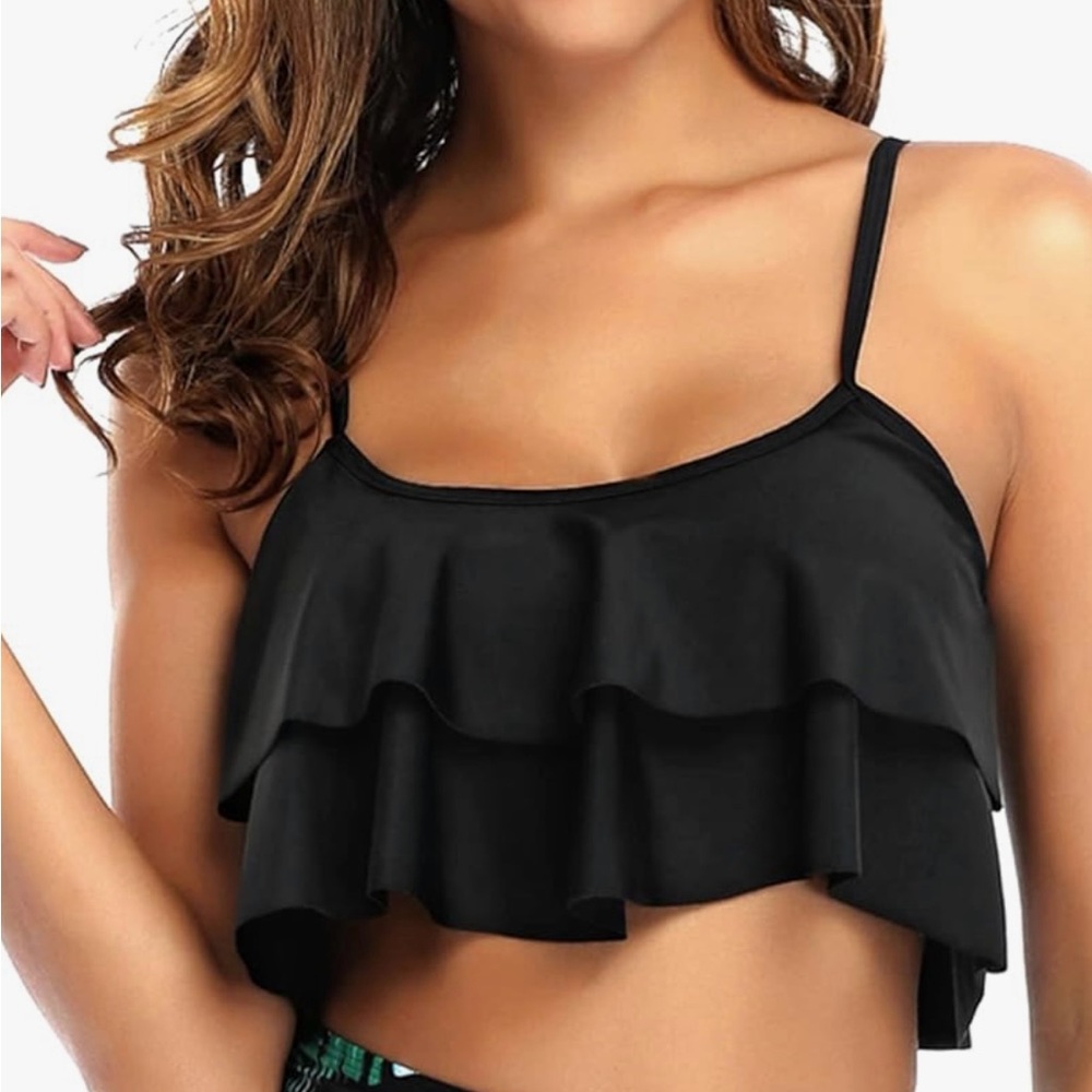 Tempt Me black ruffled bikini top flounce swim top only size L . NWT